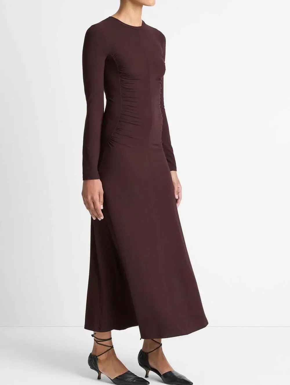 Vince Long Sleeve Ruched Burgandy Midi Dress - Picture 7 of 11